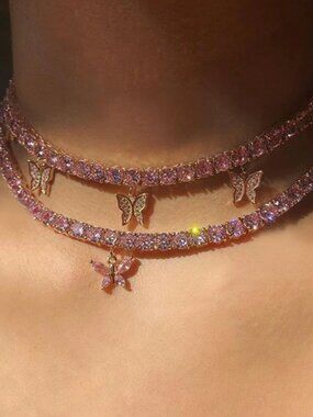 Pink Gold Butterfly Rhinestone Crystal Choker Necklace